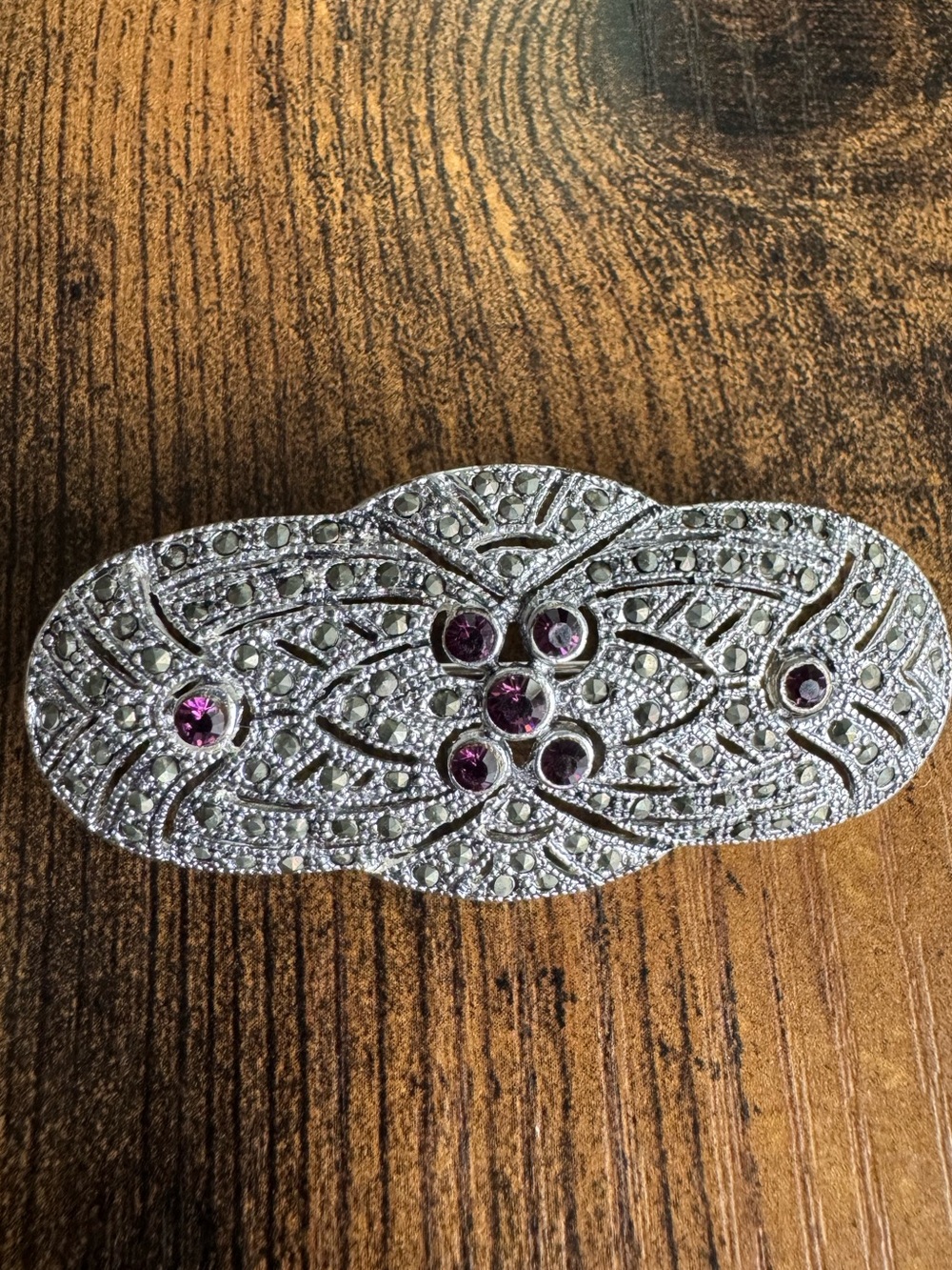 Silver-Tone Filigree Brooch with Purple Gem Accents, Vintage, Signed Roman